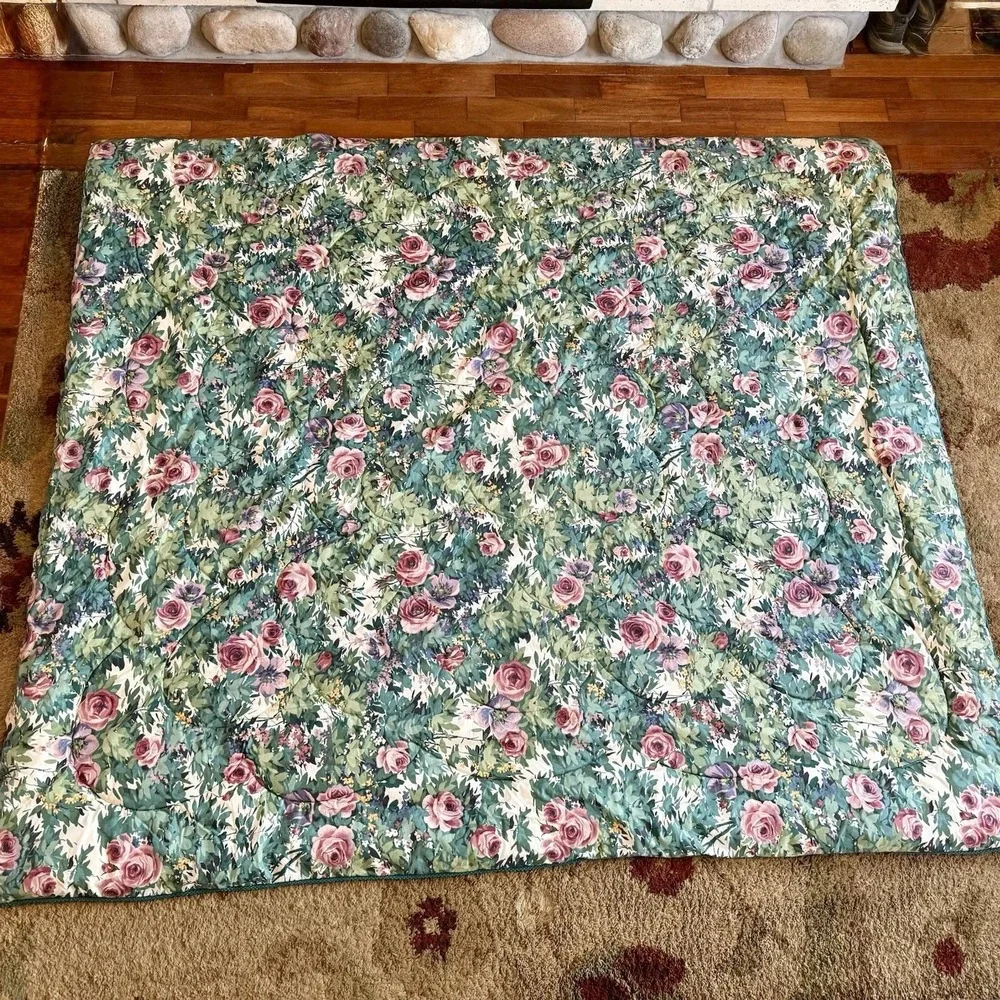3pc VTG Country Floral Full Comforter Valance Curtains Green Pink Rose Roses USA